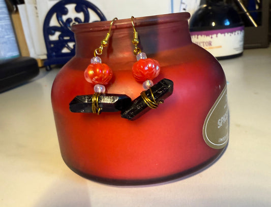 1” Handcrafted Halloween Earrings | Black Stone & Pumpkin Bead with Iridescent Accents