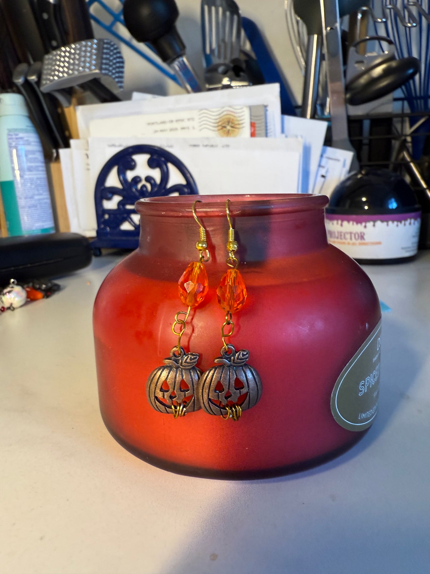 2” Handcrafted Halloween Long Earrings | Semi-Clear Orange & Brass Jack-O’-Lantern