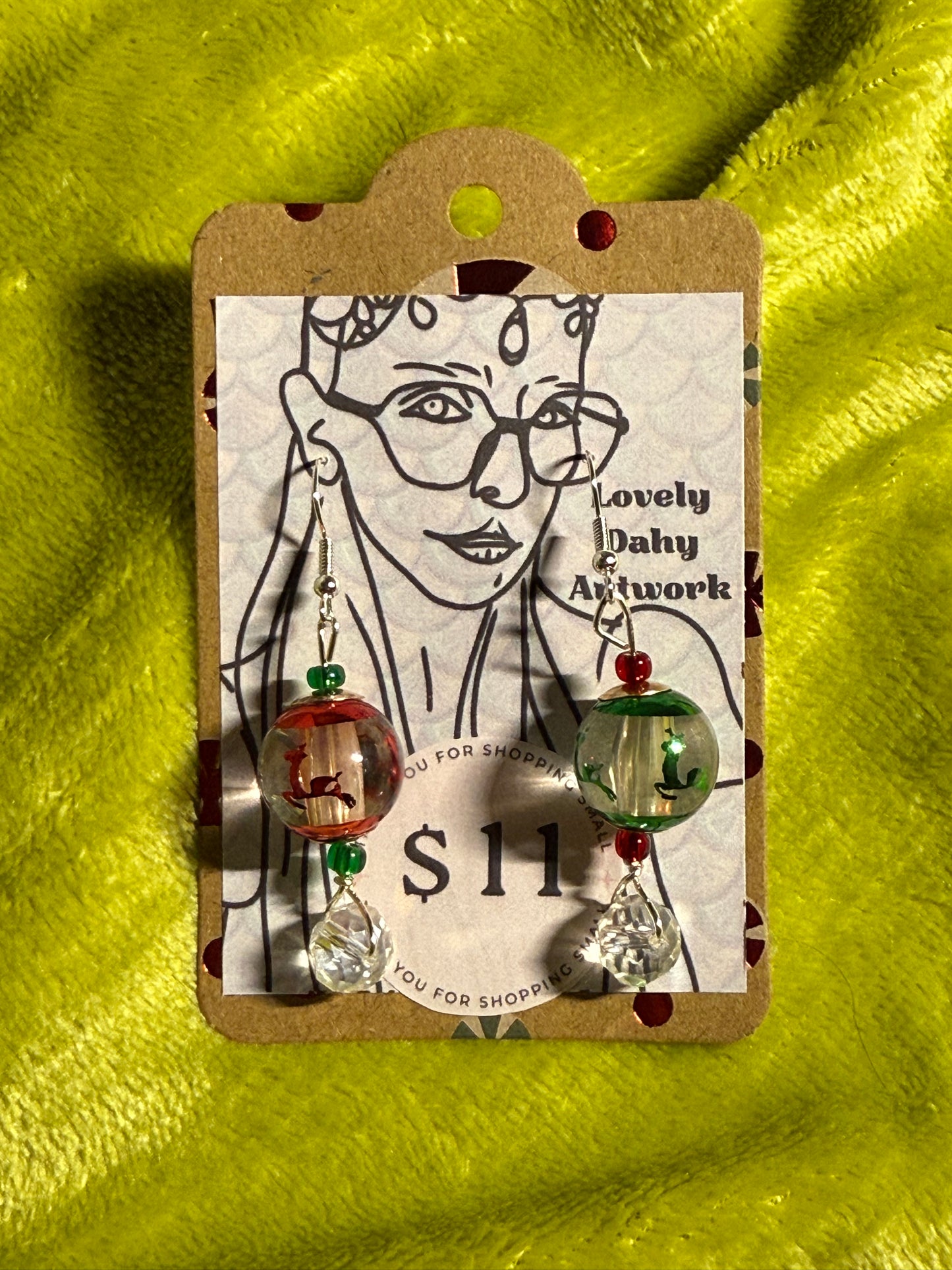 Mismatched Reindeer Globe Earrings with Festive Colored Beads — 2” Dangle