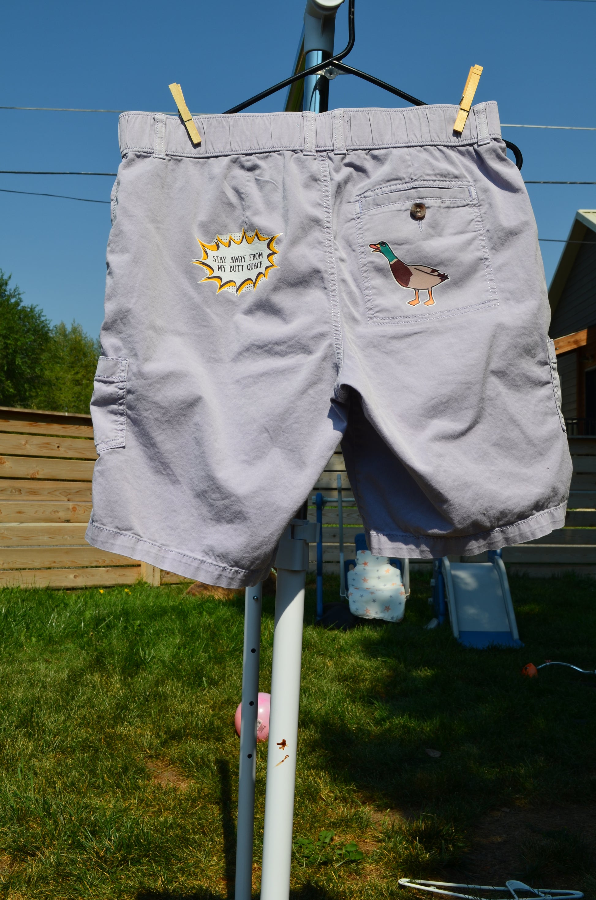 “Stay Away From My Butt Quack” Purple Cargo Shorts