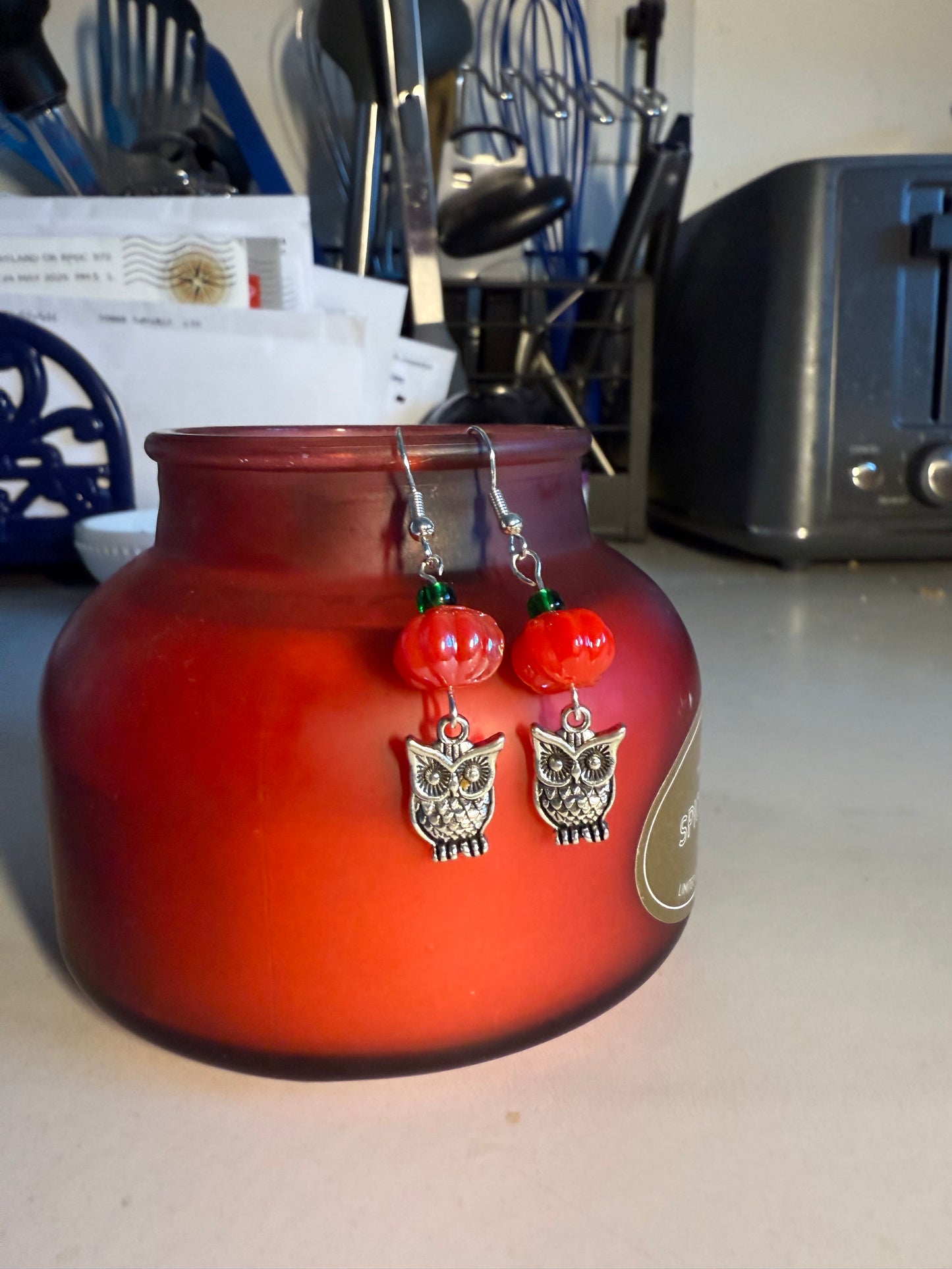 1” Handcrafted Halloween Earrings | Silver Owl Charm, Pumpkin Bead & Green Accent