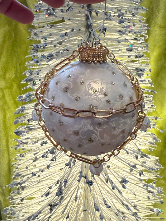 Cream & Gold Beaded Reclaimed Ornament – Upcycled Bulb with Chain & Bead Accents
