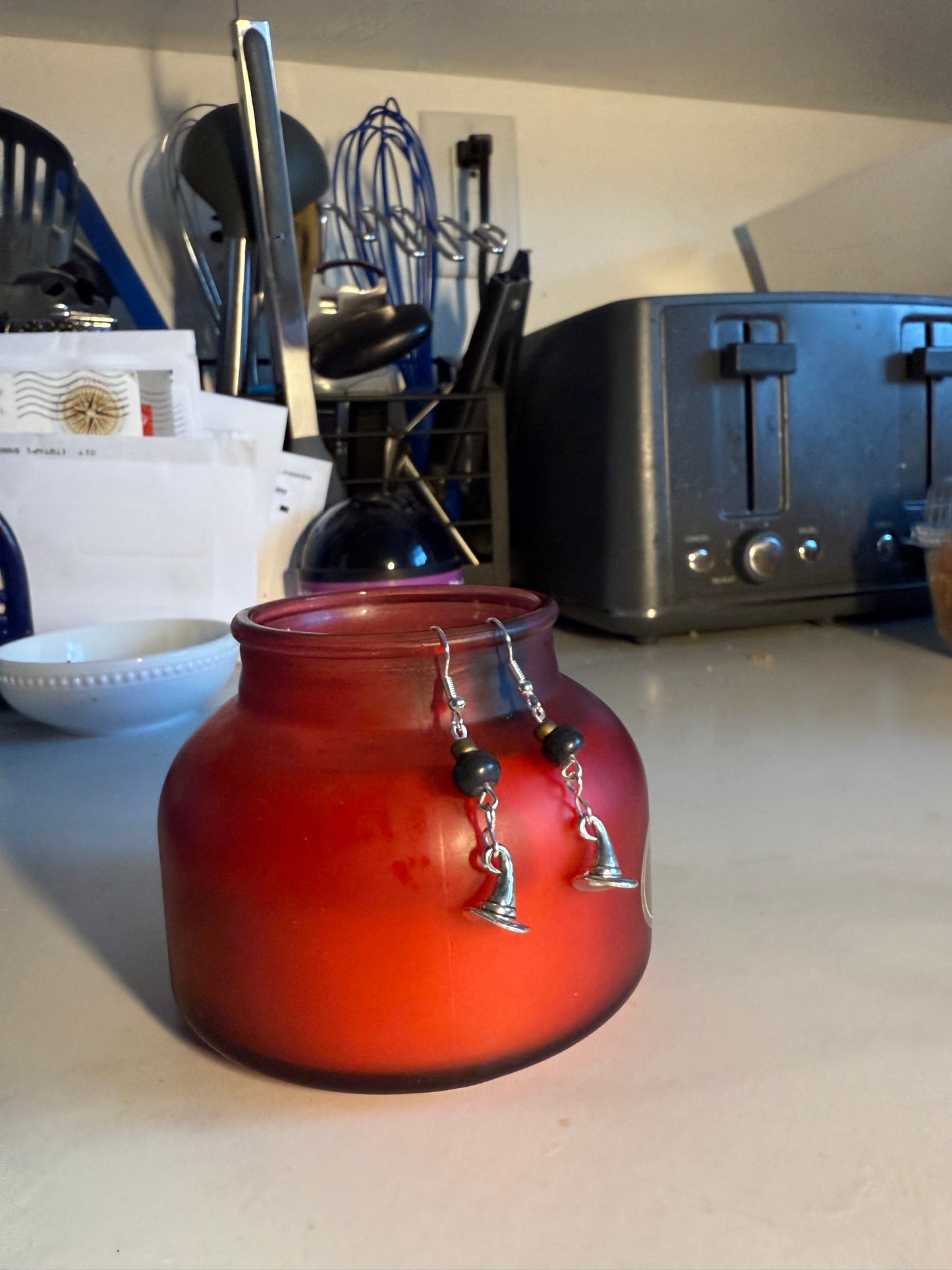 1” Medium Halloween Earrings – Silver Hook with Witch Hat & Beads