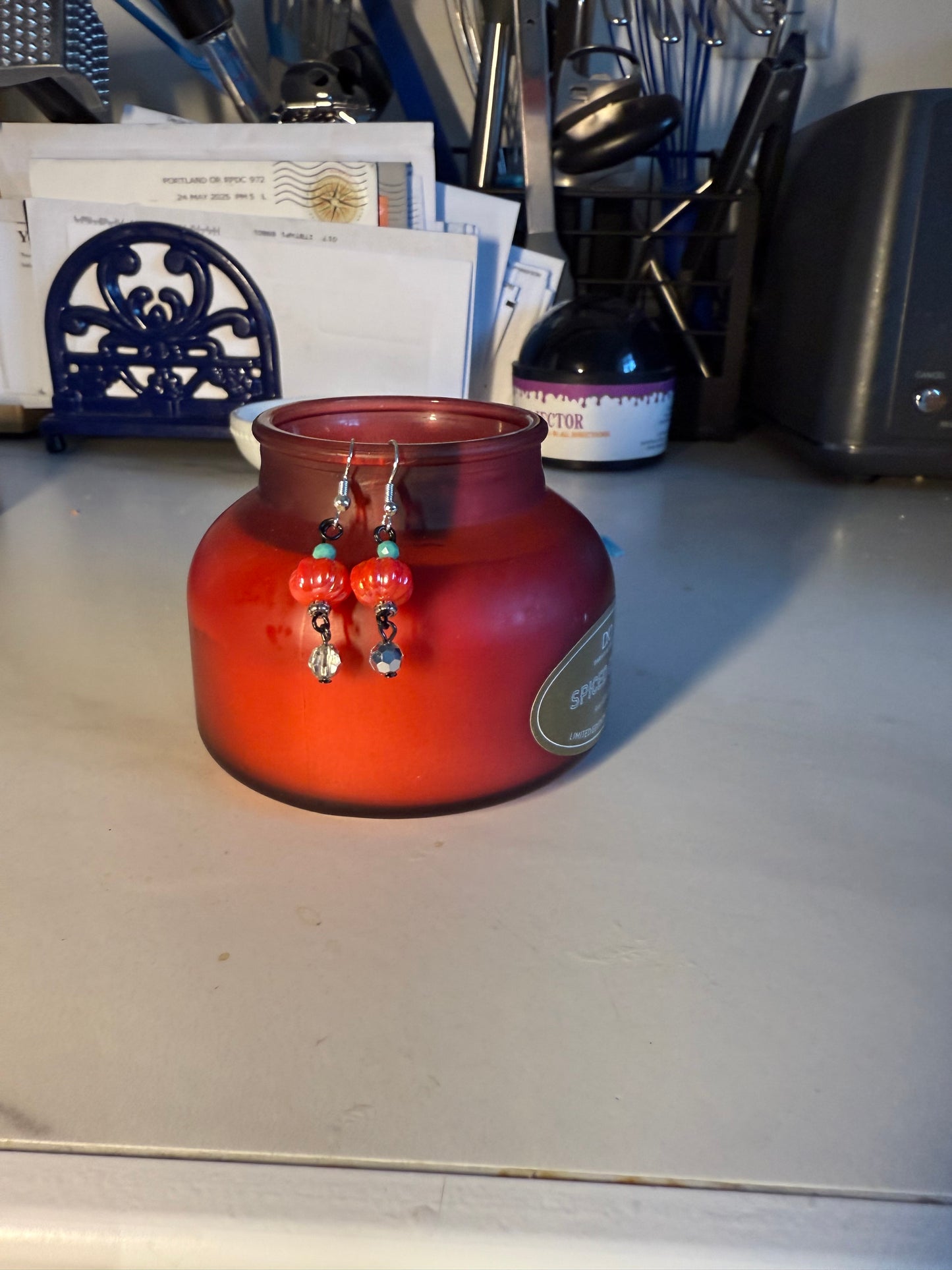 1” Handcrafted Halloween Earrings | Pumpkin Bead with Green & Disco Accents