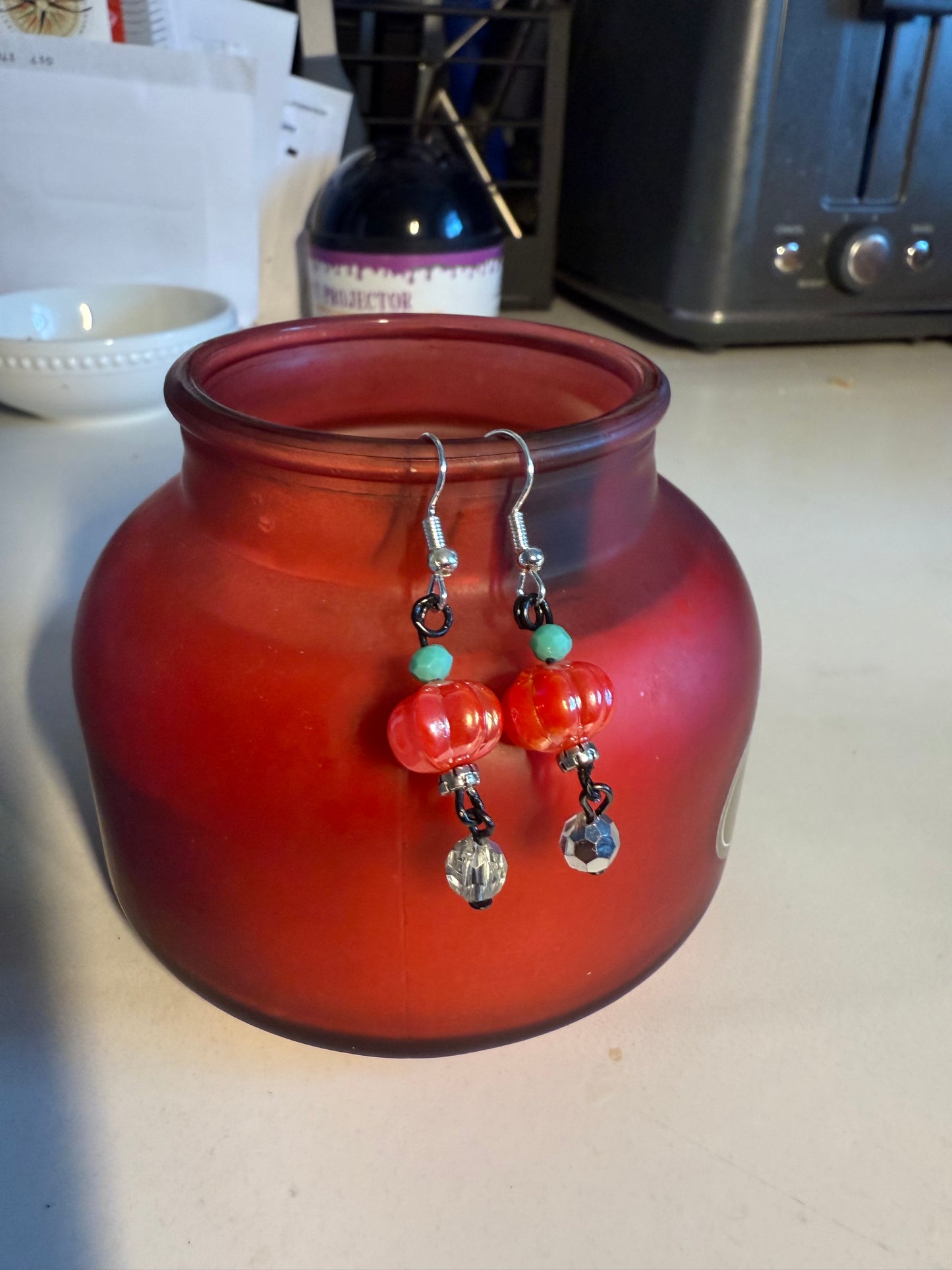 1” Handcrafted Halloween Earrings | Pumpkin Bead with Green & Disco Accents